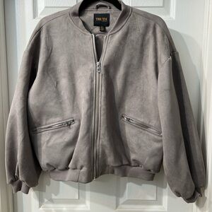 Grey Faux Suede Bomber Jacket